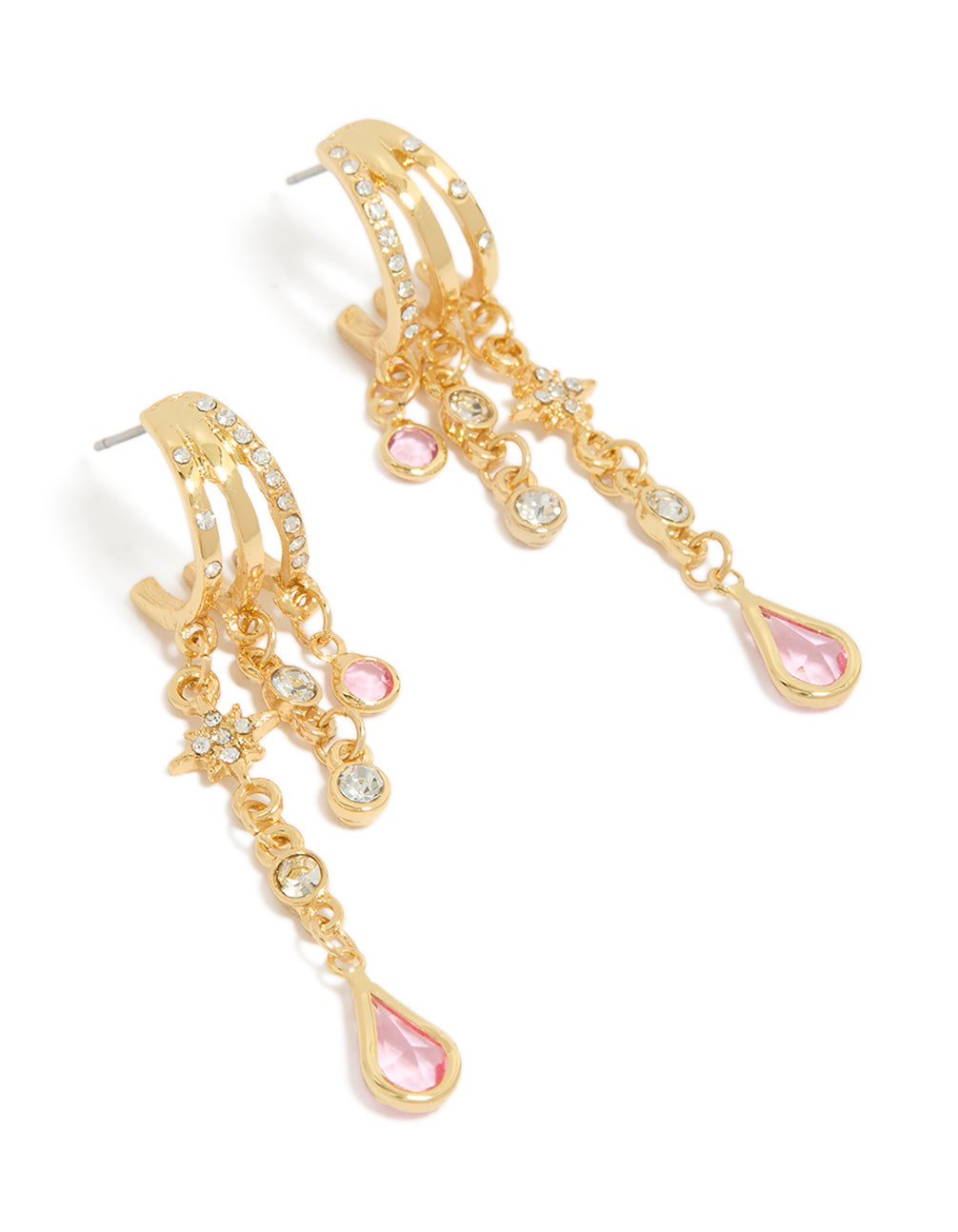 Showcasing statement hoop chain drop earrings with star and celestial charm accents, crafted from cubic zirconia in pink and clear front view