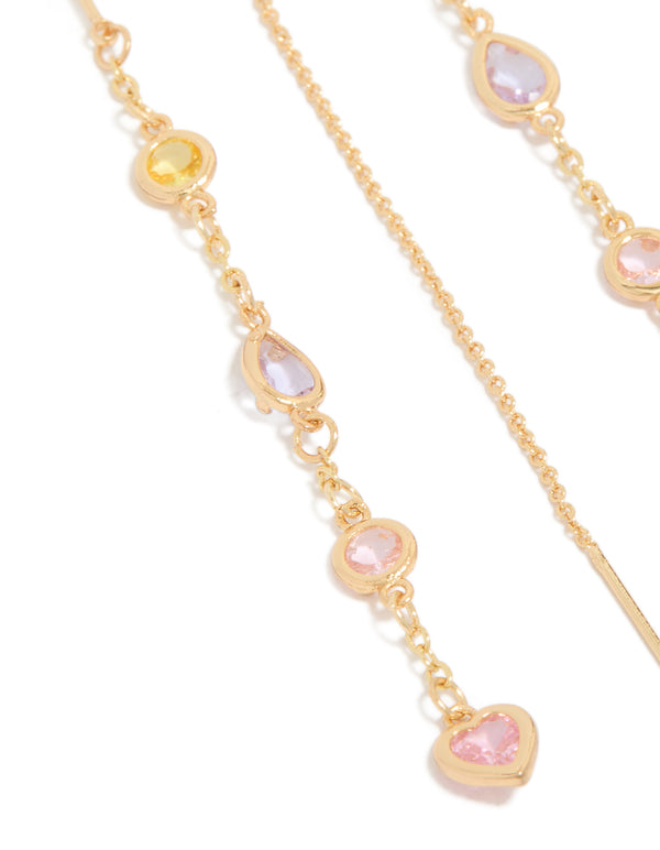Elegant threader earrings in gold plated finish with heart accents and cubic zirconia stones in light pink, light yellow, and lavender close up view