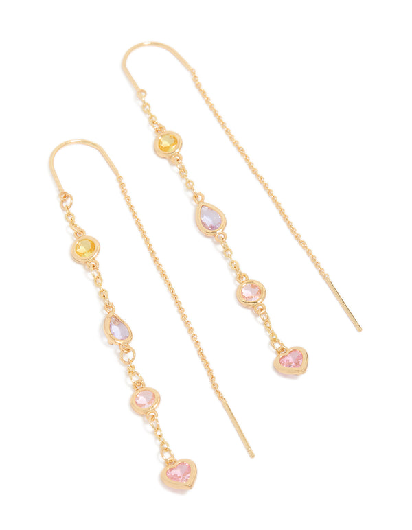 Showcasing threader earrings crafted from gold plated material with heart details featuring cubic zirconia in light pink, light yellow, and lavender front view