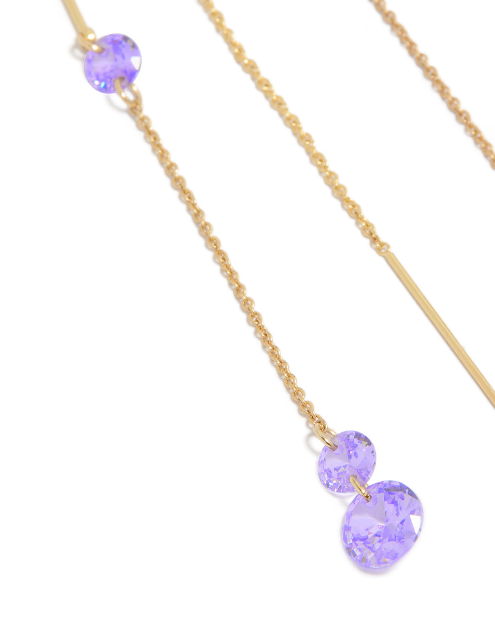 Detailed view of gold plated purple cubic zirconia drop thread through hook earrings featuring dainty style close up view