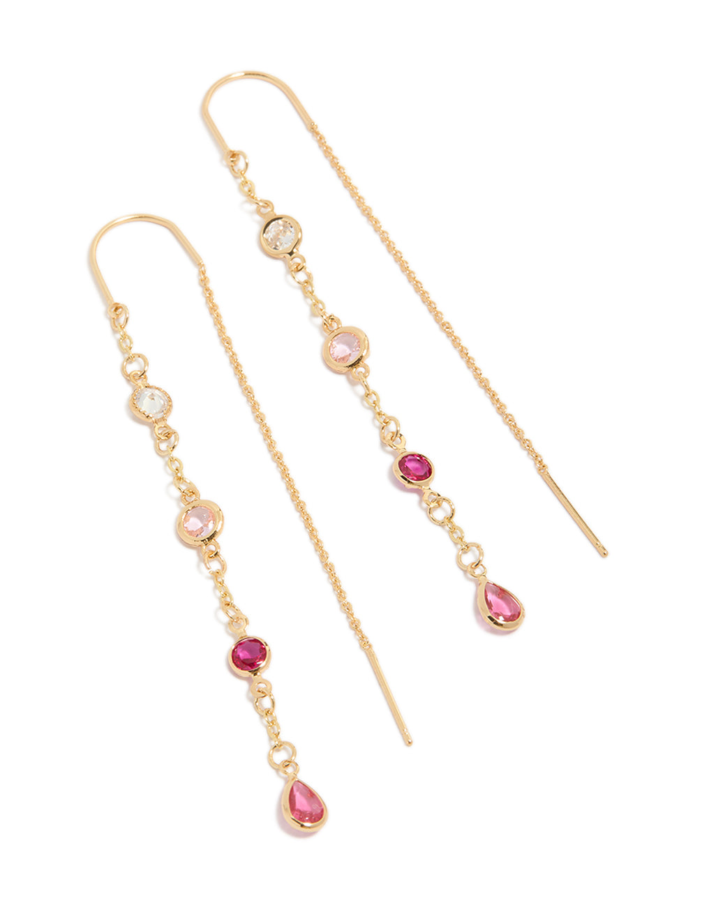 Showcasing gold plated thread through drop earrings featuring pink and clear cubic zirconia front view