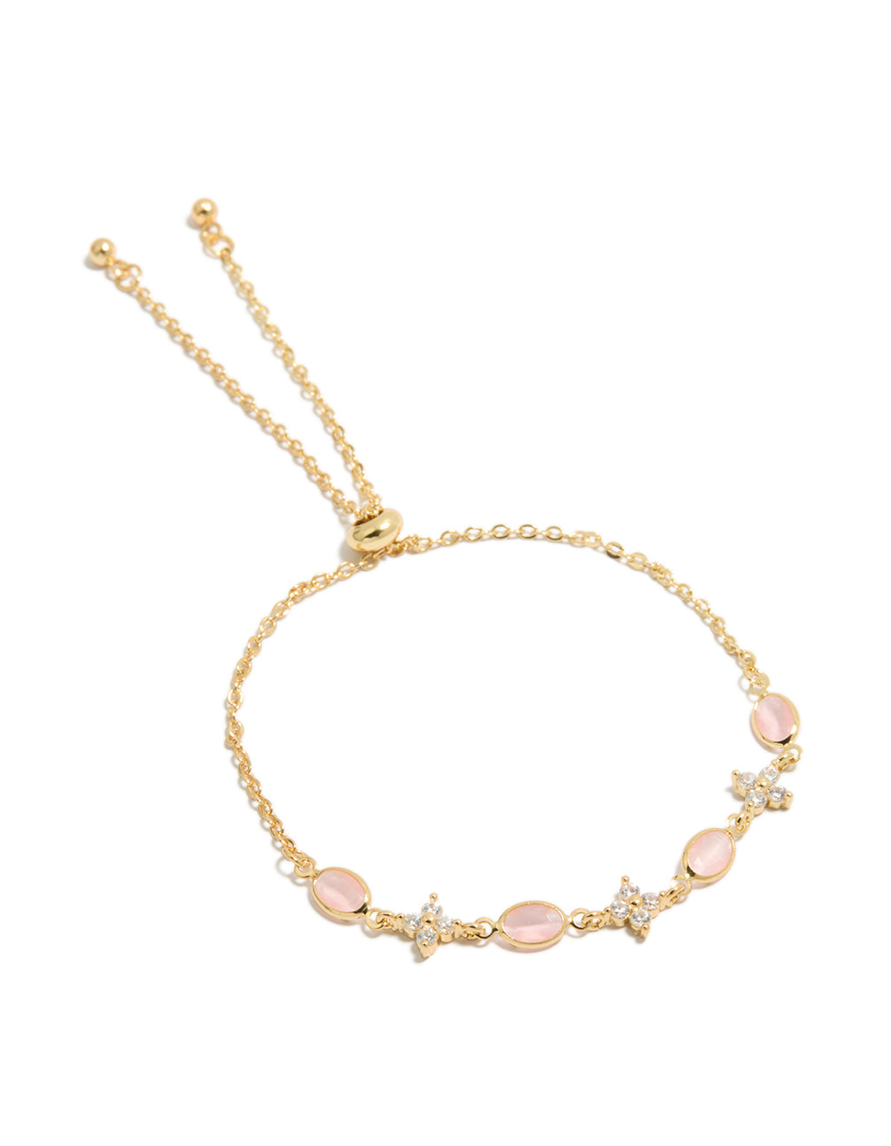 Beautifully crafted gold plated toggle bracelet, oval pink stones and cubic zirconia flowers front view