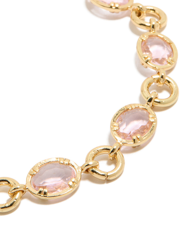 Gold Plated Large Pink Cubic Zirconias Toggle Bracelet