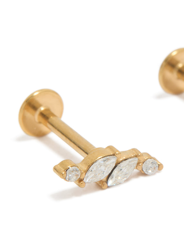 Showcasing dainty gold plated surgical steel studs with vine design featuring marquise cut cubic zirconia stones and flat back closure close up view