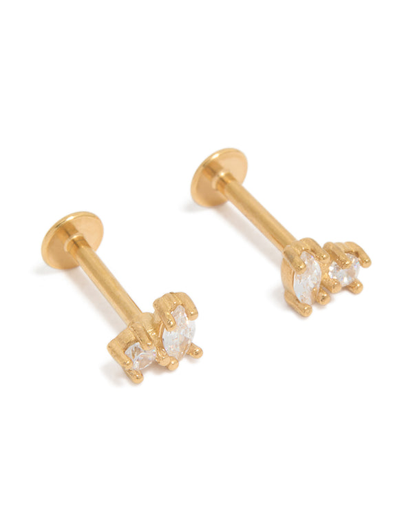 Showcasing gold plated surgical steel oval and circle cubic cluster zirconia flat back studs with clear stones front view