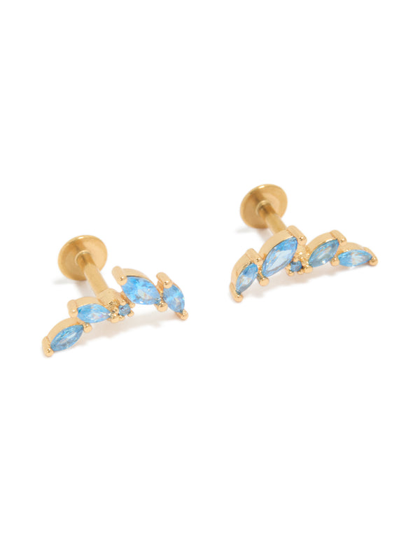 Gold Plated Surgical Steel Blue Cubic Zirconia Crawler Flat Back Studs