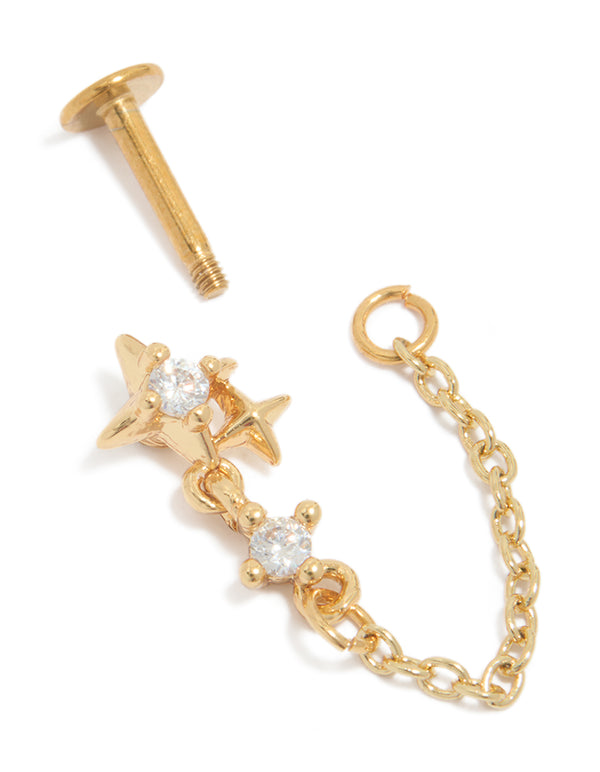 Gold Plated Surgical Steel Cubic Zirconia Star Chain Single Flat Back Stud