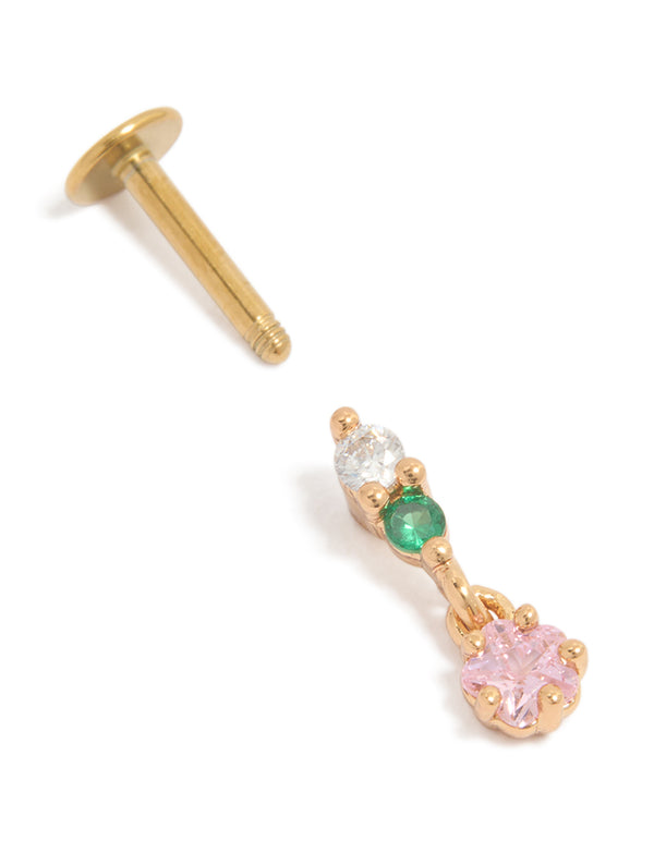 Gold Plated Surgical Steel Pink & Green Cubic Zirconia Circle Drop Single Flat Back Stud
