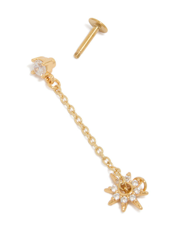 Gold Plated Surgical Steel Cubic Zirconia Drop Star Chain Single Flat Back Stud