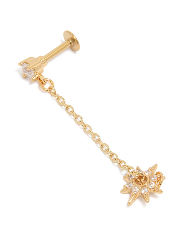 Gold Plated Surgical Steel Cubic Zirconia Drop Star Chain Single Flat Back Stud