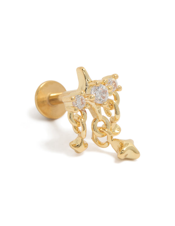 Gold Plated Surgical Steel Cubic Zirconia Drop Star Single Flat Back Stud