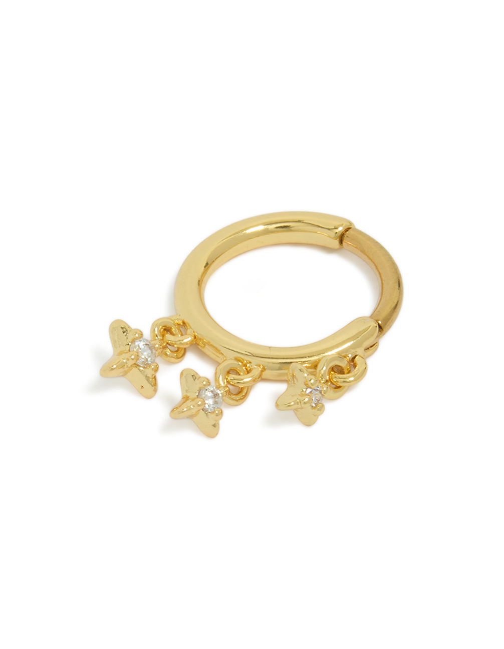 Featuring celestial star charm clicker ring in gold plated surgical steel with cubic zirconia dainty design front view