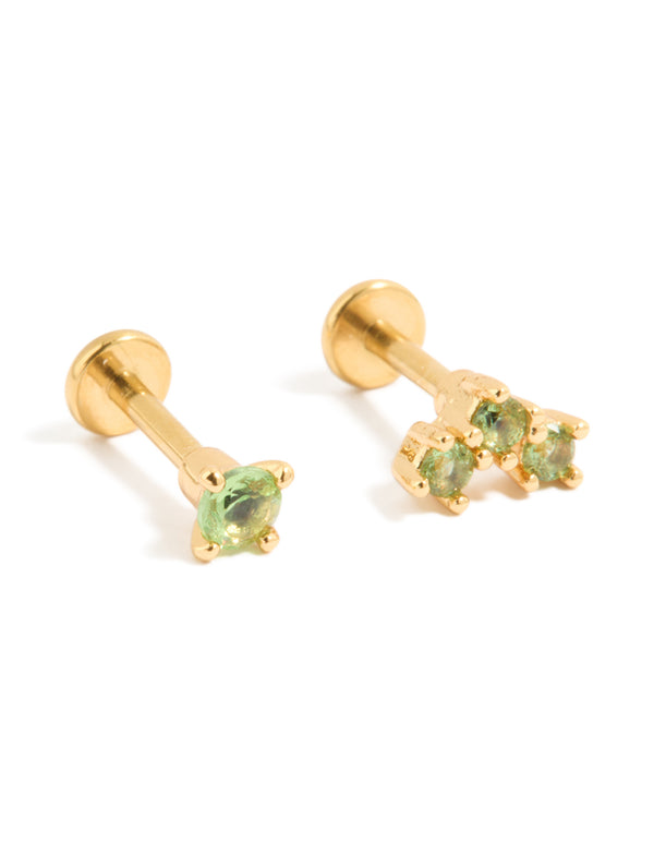 Stunning pair of gold plated titanium olive green cubic zirconia flat back stud earrings front view