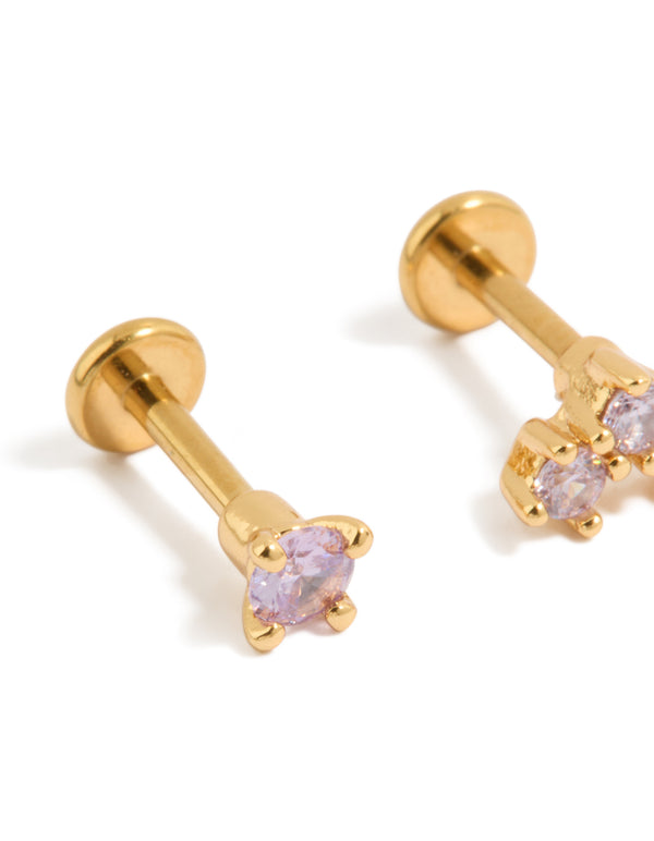 Showcasing gold plated titanium lilac cubic zirconia flat back studs with lavender crystal detail view