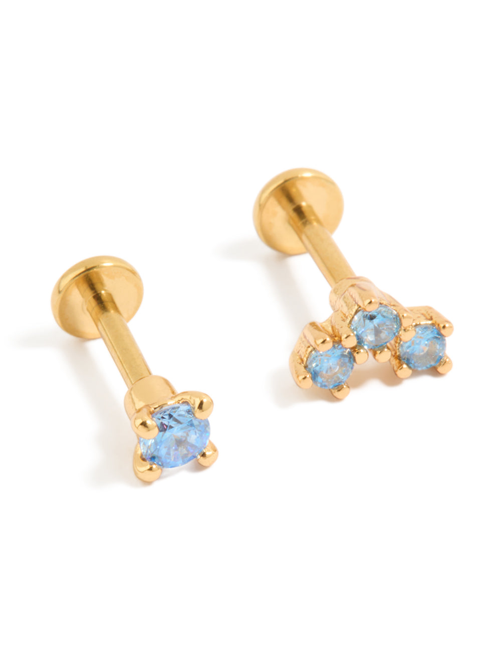 Stunning gold plated titanium blue cubic zirconia flat back studs with crystal details and light blue accents front view