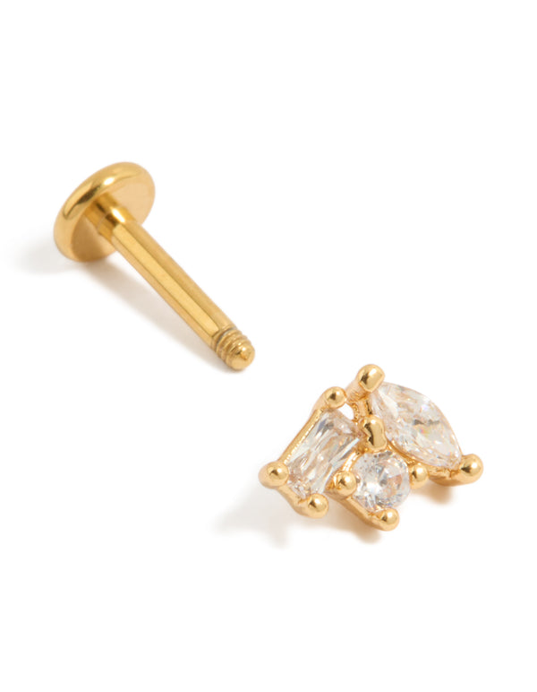 Featuring a multi shaped cubic zirconia stud crafted from titanium with flat back closure and gold plated finish post detail view