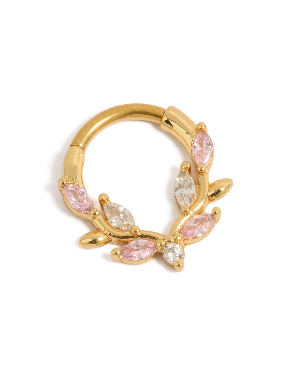 Showcasing gold plated titanium pink cubic zirconia vine clicker ring with statement detail view