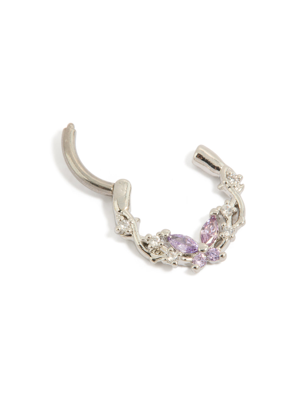 Designed with titanium lilac cubic zirconia butterfly clicker ring in silver and clear detail view