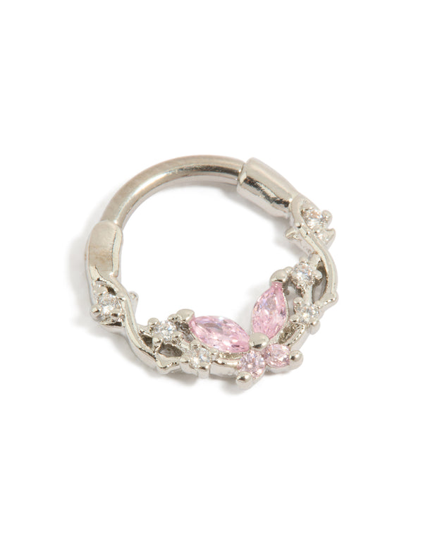 Showcasing a butterfly titanium clicker ring featuring pink cubic zirconia in silver and light pink front view