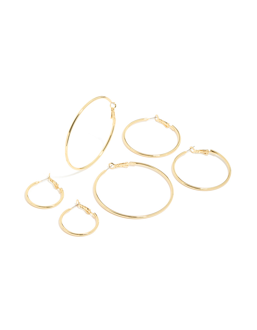 Showcasing gold plated small and medium hoop earrings in a 3-pack front view