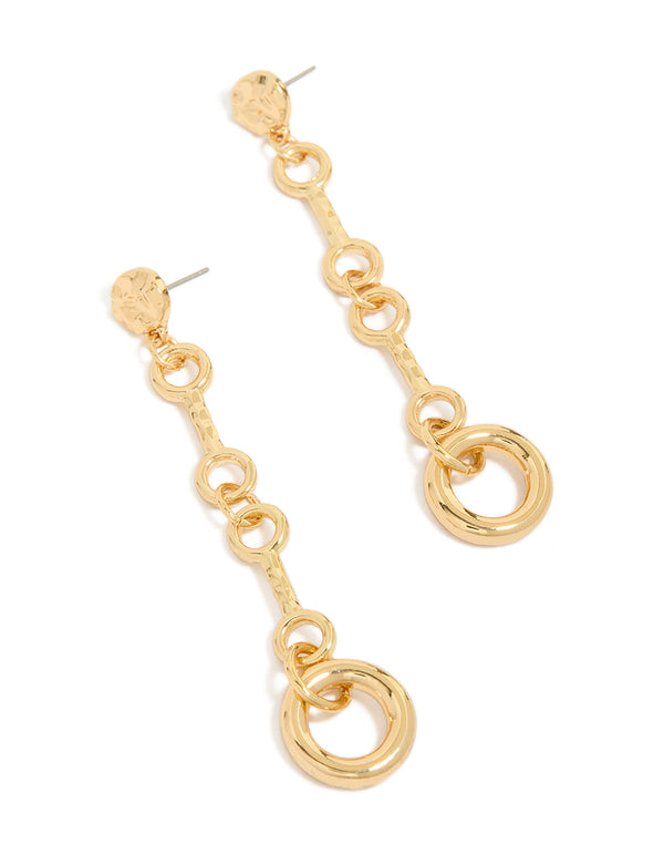 Discover these gold plated molten chain long drop statement earrings front view