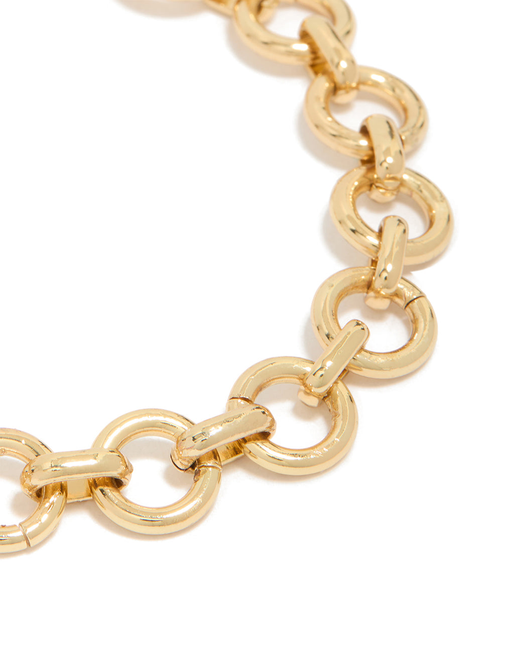 Featuring a gold plated chunky circle link bracelet design close up view