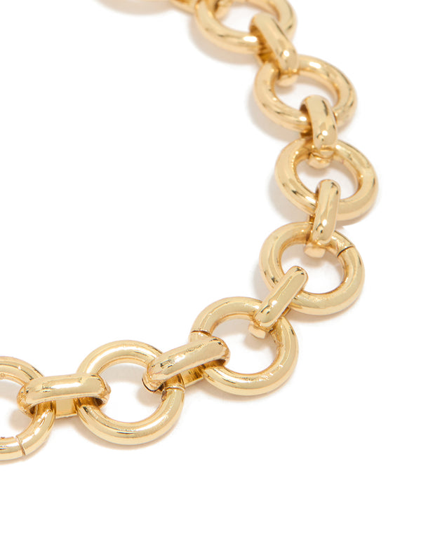 Featuring a gold plated chunky circle link bracelet design close up view