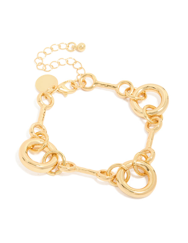 Showcasing a gold plated circle chain bracelet in gold front view