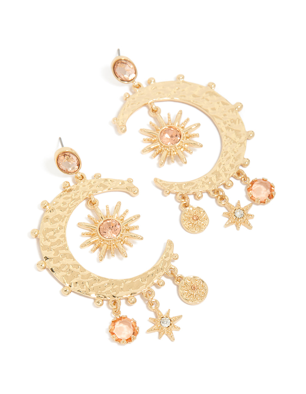 Showcasing celestial charm drop earrings with moon featuring clear and pink diamante accents in gold front view