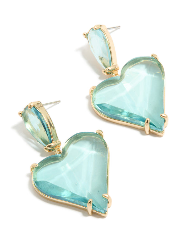 Showcasing statement heart drop earrings crafted from glass stone in blue and gold tones front view
