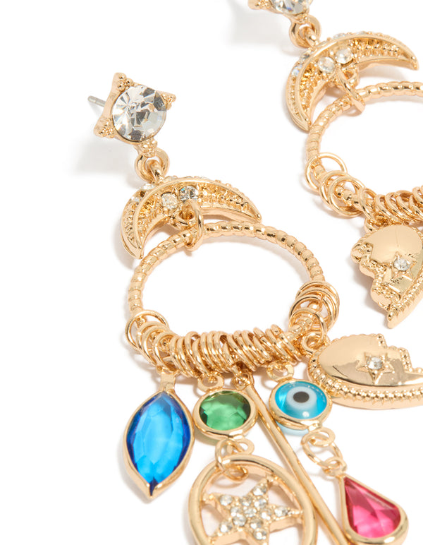 Beads Celestial Charm Evil-Eye Moon Star Gold Statement Earrings