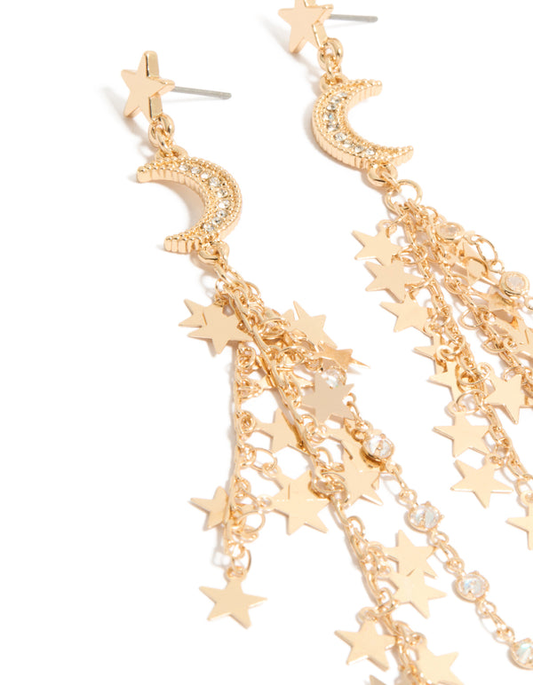 Crafted with gold star and moon chain drop earrings featuring celestial charm design close up view