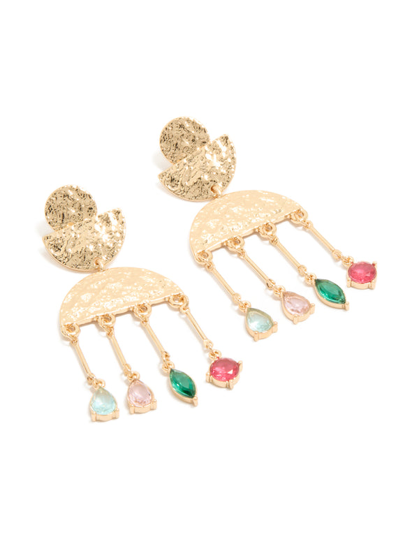 Showcasing statement drop earrings with charm accents in worn gold featuring pink and green diamantes front view