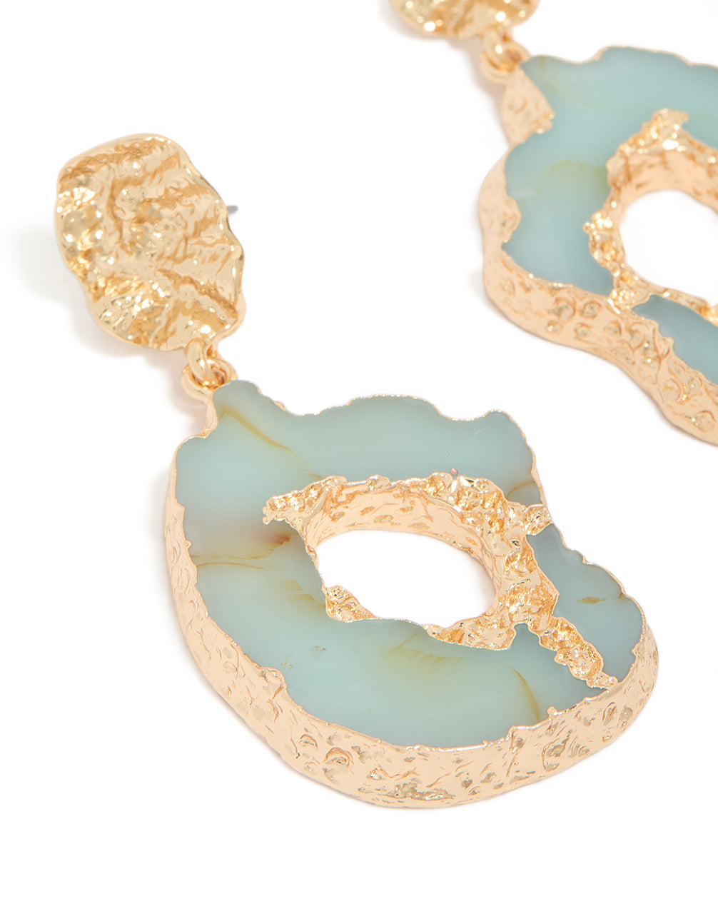 Designed with worn gold open blue amazonite semi precious stone statement drop earrings close up view