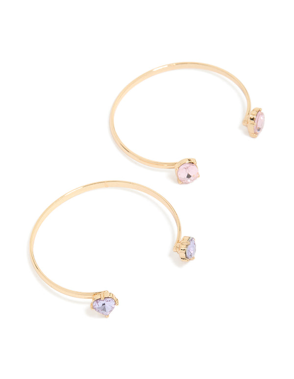 Showcasing a 2-pack of gold bangle bracelets with pink and purple diamantes front view