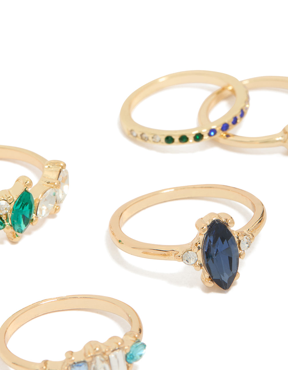 Crafted from gold with dainty blue, green, and aqua diamante stones in a 6-pack close up view