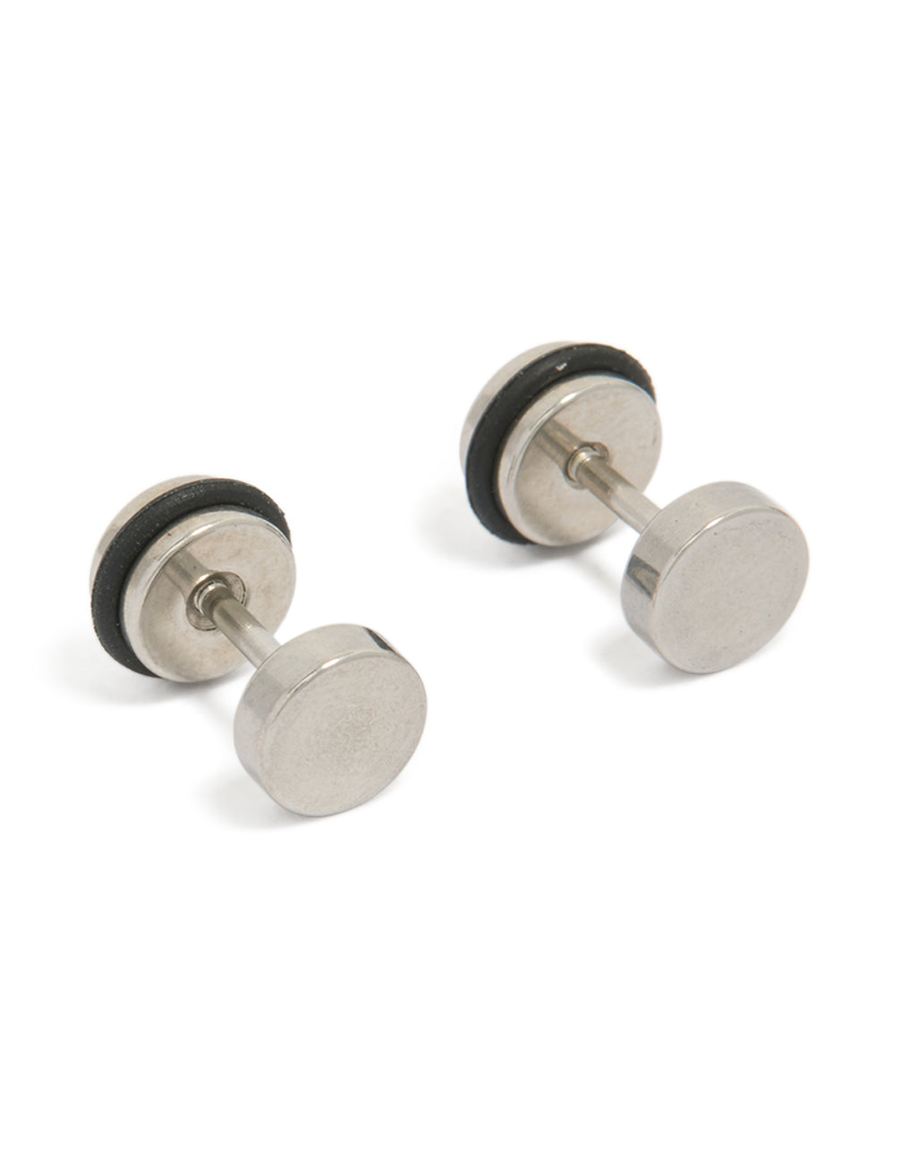 Showcasing mens waterproof stainless steel round flat back stud earrings in silver and black front view