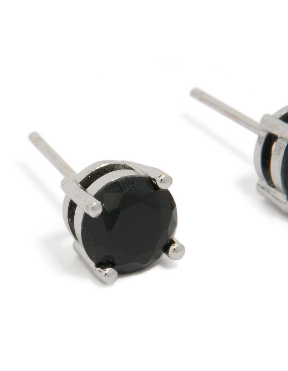 Detailed view of mens round cut stud earrings with black cubic zirconia in waterproof stainless steel and silver close up view