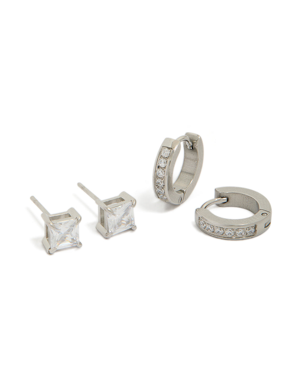 Showcasing mens waterproof stainless steel square cubic zirconia and huggie earrings in a 2-pack with crystal accents, hoop closures, and silver tone front view