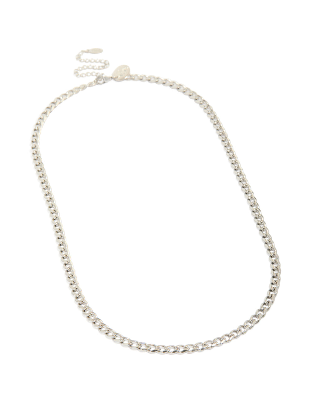 Featuring a mens waterproof stainless steel classic curb link necklace with clasp detail in silver front view