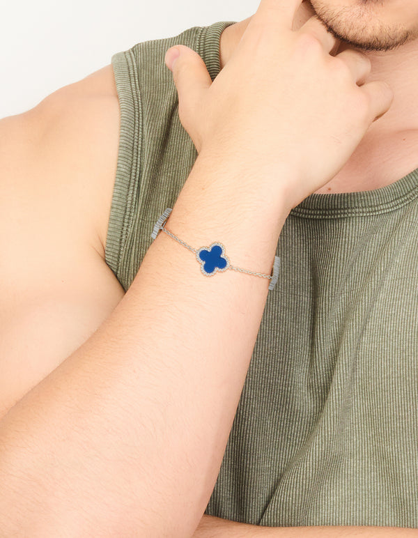 Mens Waterproof Stainless Steel Navy Clover Chain Bracelet