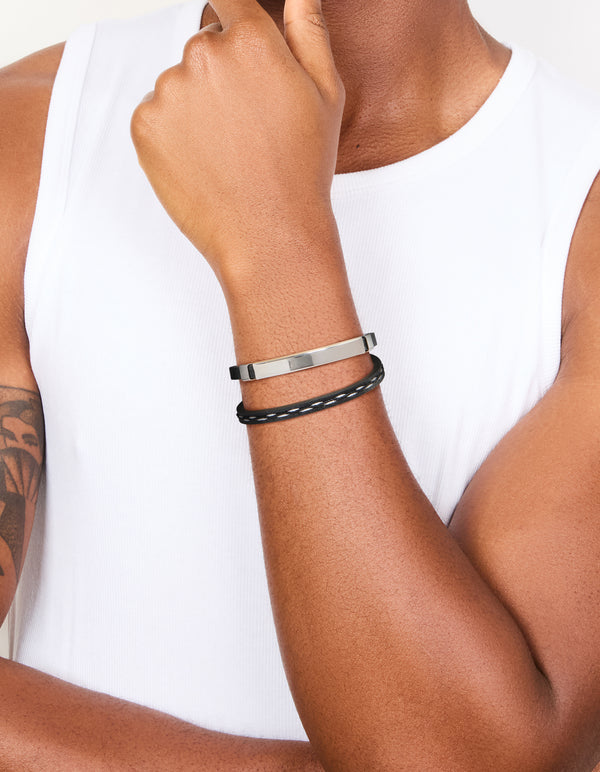 Mens Waterproof Stainless Steel Black PU Leather & Cord Detail Bracelet