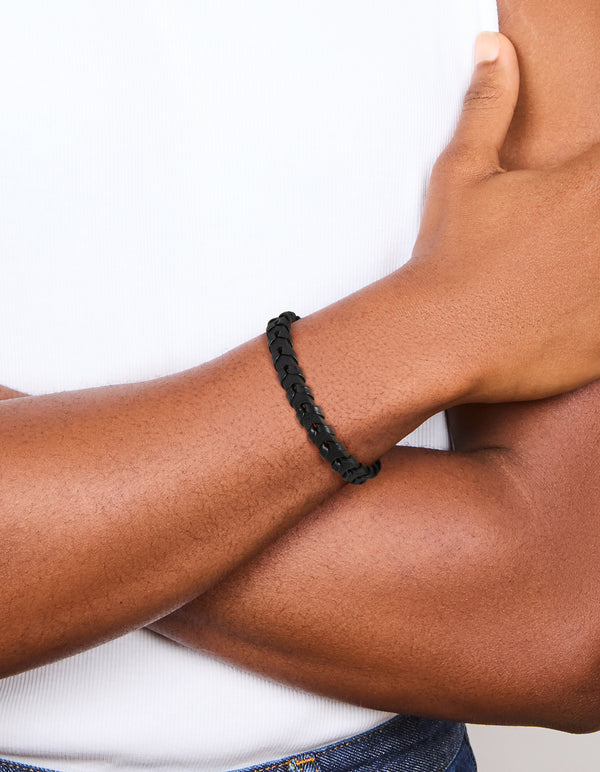Mens Waterproof Black Coated Stainless Steel & PU Leather Braided Bracelet