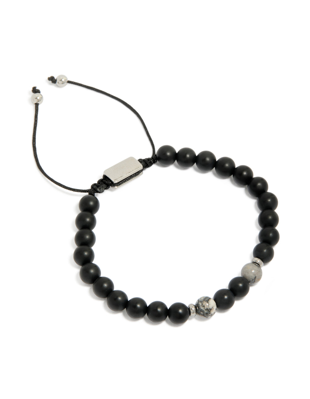 Crafted from waterproof stainless steel, this mens black beaded toggle bracelet in silver, black and light grey front view