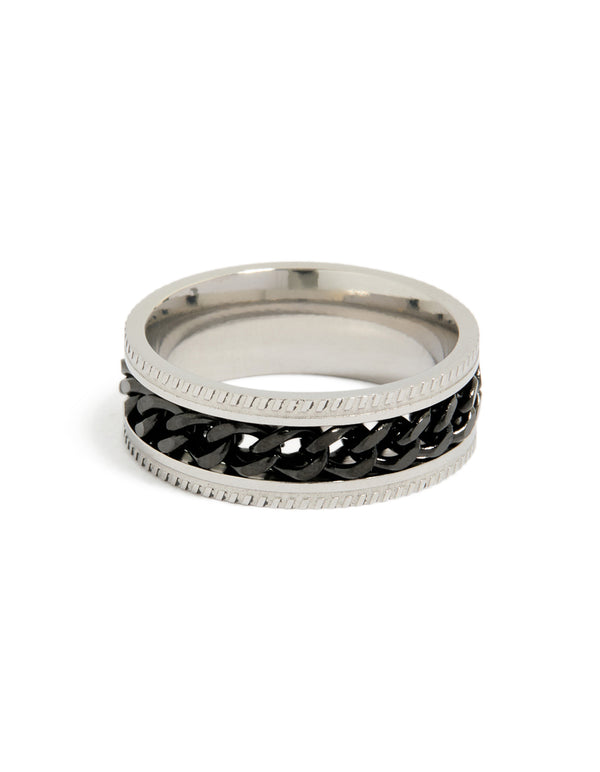 Designed with a mens waterproof stainless steel band ring featuring black chain detail in silver side detail view