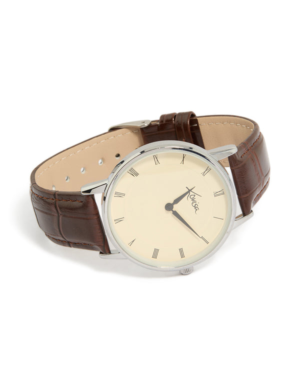 Showcasing a mens vintage snake skin style PU leather watch with brown strap and white roman numeral dial in round shape designed for formal analog occasions front view