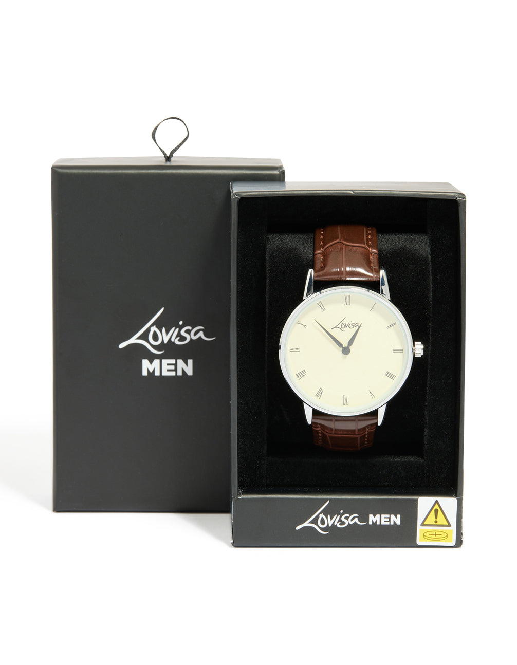 Presented in packaging, this PU leather watch with snake texture for mens, analog type features a beige dial with roman numerals, round shape, formal styling, and brown strap case detail view