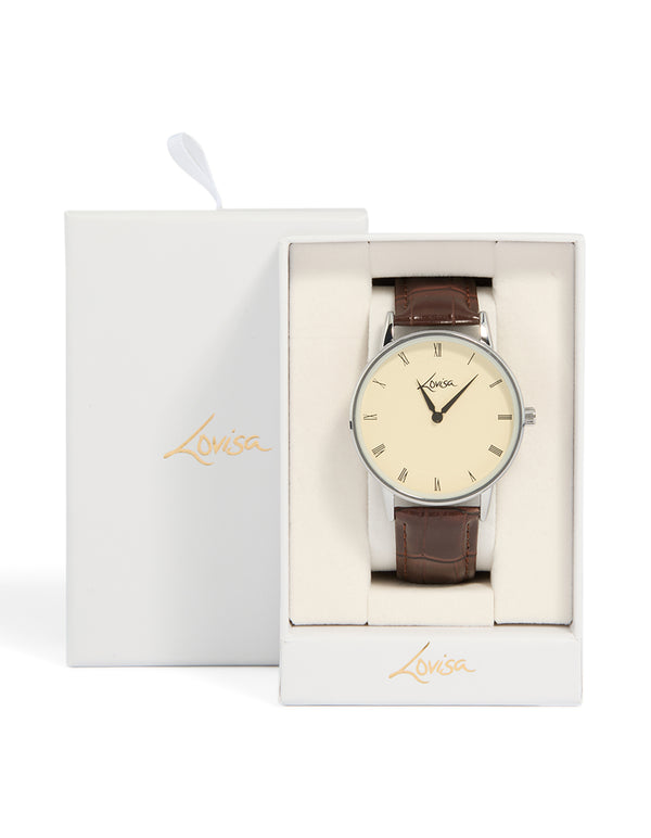 Presenting a mens vintage snakeskin style PU leather watch with brown strap and white roman numeral dial in round shape for formal analog occasions watch case detail view