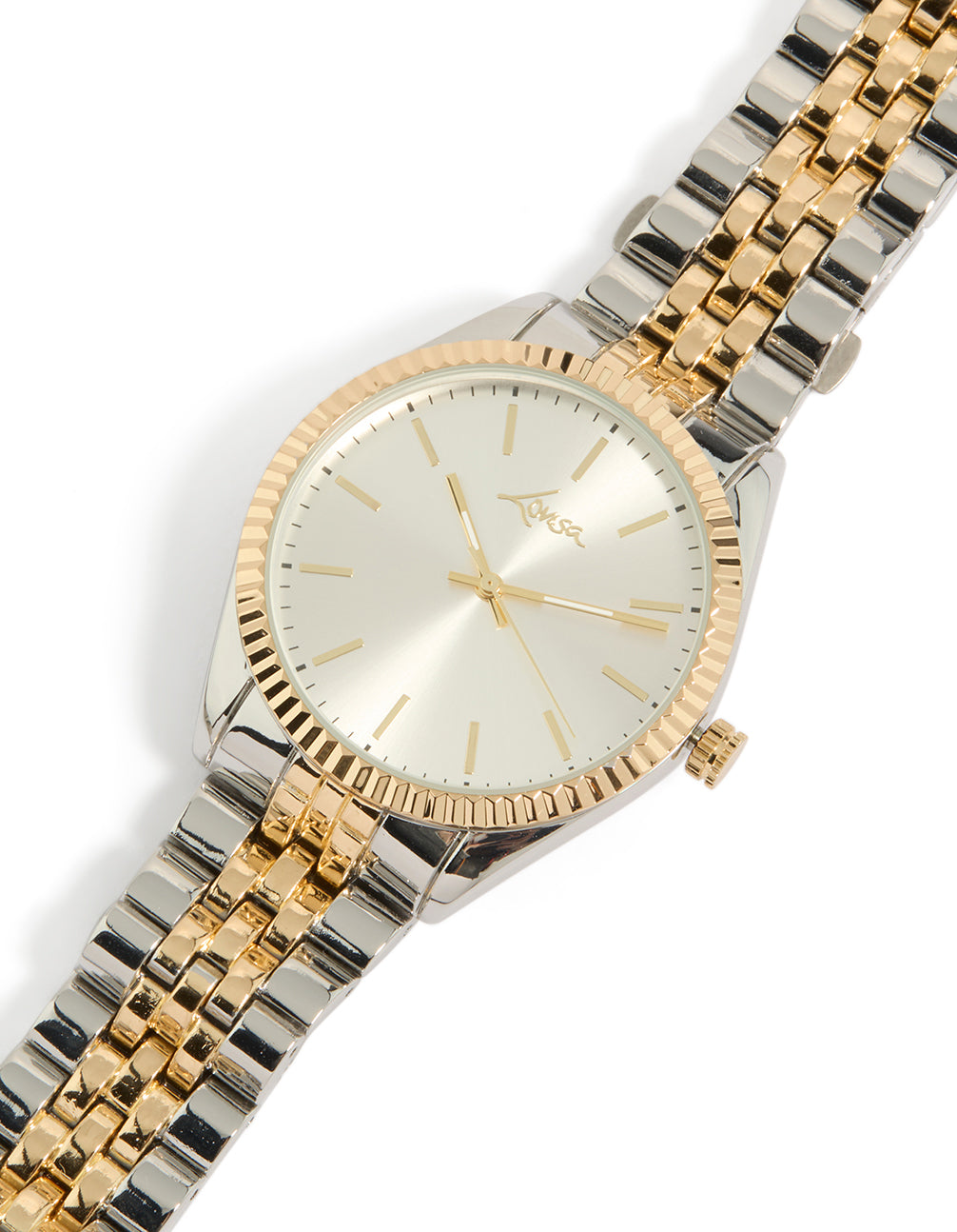 Showcasing a men's mixed metal etched link classic watch with white dial, round shape, casual occasion, link band in multi-color, analog type, silver and gold tones watch face detail view