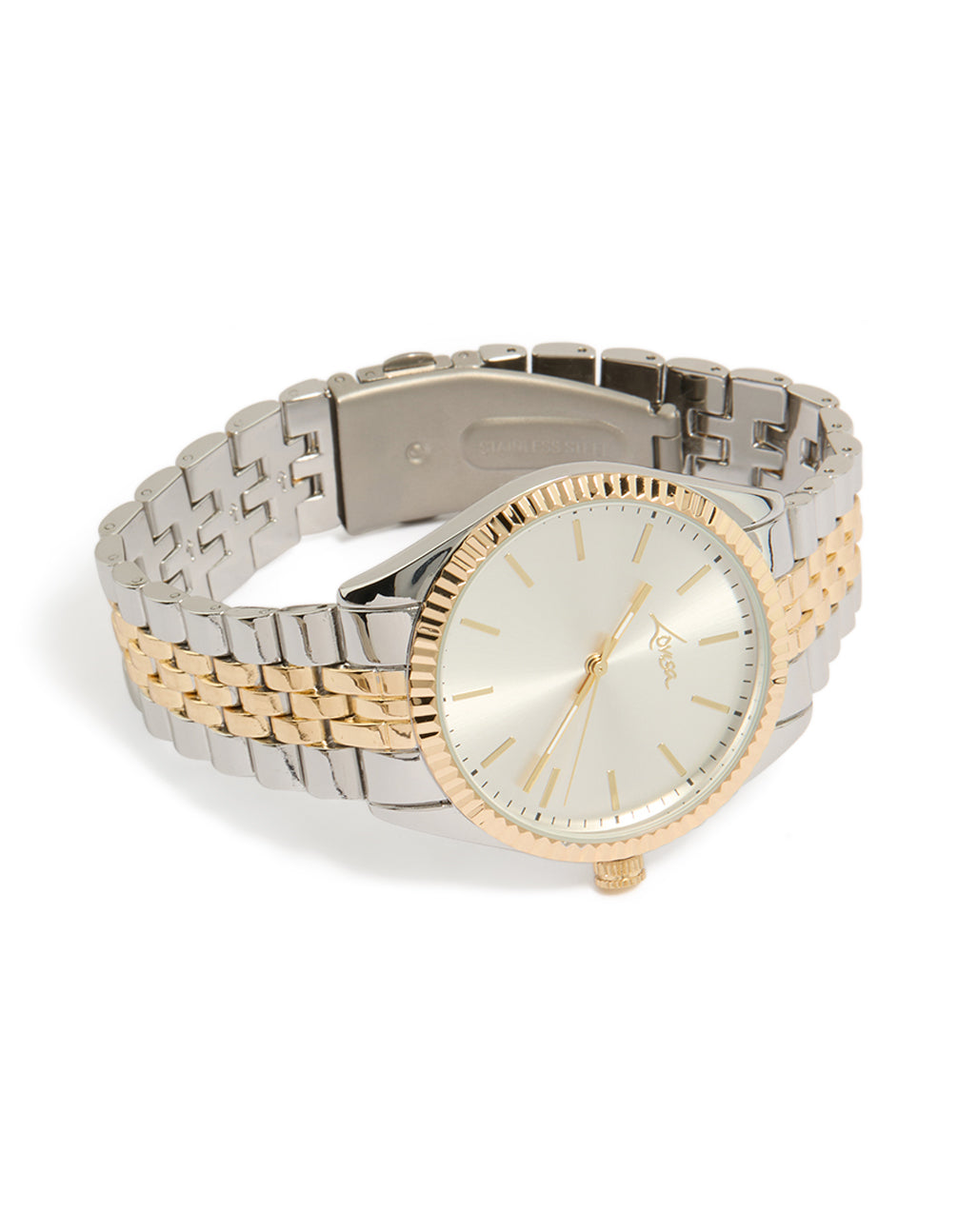 Elegantly crafted this men's mixed metal etched link classic watch with white dial, round shape, casual occasion, link band in multi-color, analog type, silver and gold tones front view